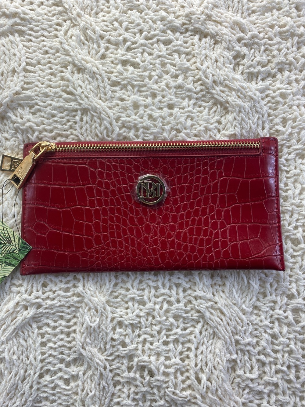 Badgley Mischka Red Croc-Embossed Leather Zip Clutch